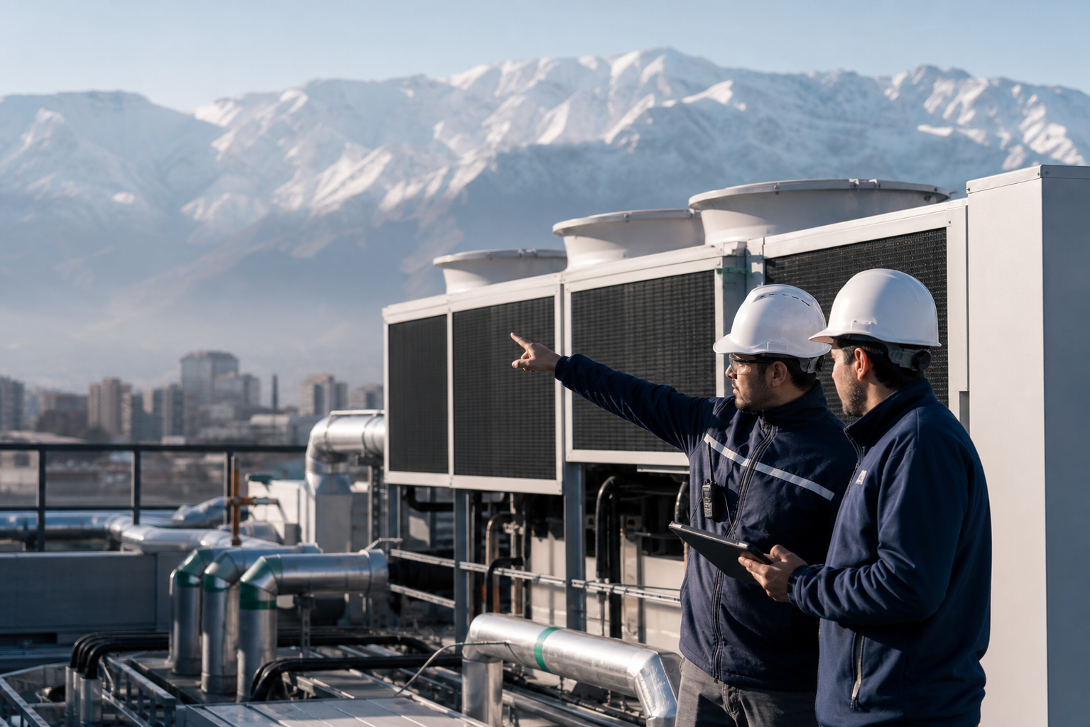 Ingenieros revisando climatizaci&oacute;n de precisi&oacute;n para datacenter en Chile